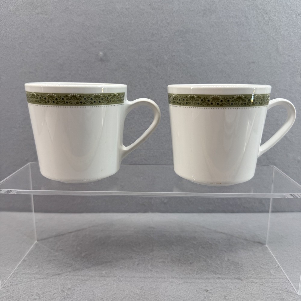Vintage Centura Corning Lynwood Green Floral Coffee Mugs Cups Set of 2 MCM