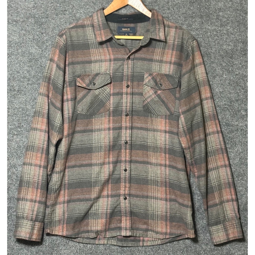 Roark Mens M Button Up Shirt Gray Plaid Classic Fit Flannel