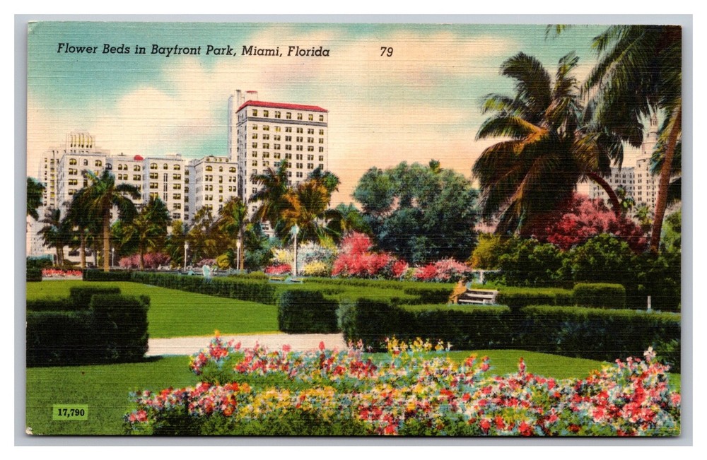 Miami, FL Florida, Bayfront Park Flower Beds, Vintage Linen Postcard 1950