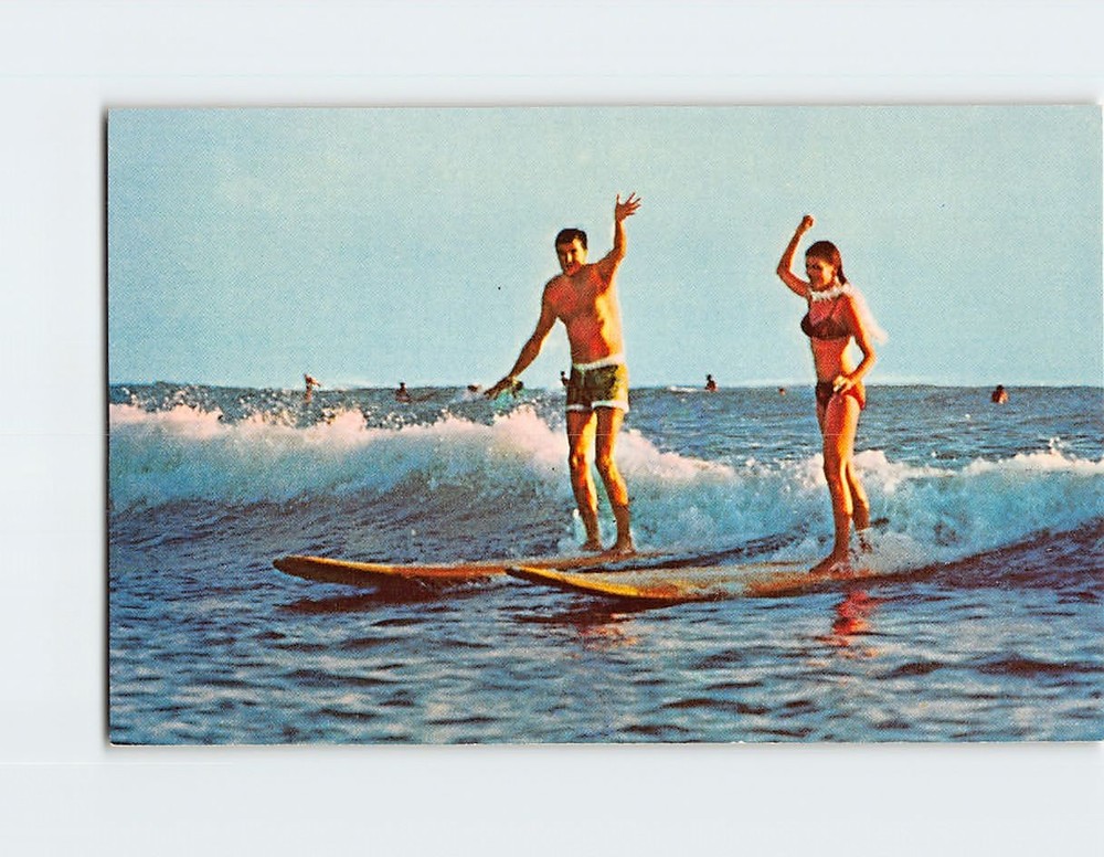Postcard Surfing Scene Waikiki Beach Hawaii USA