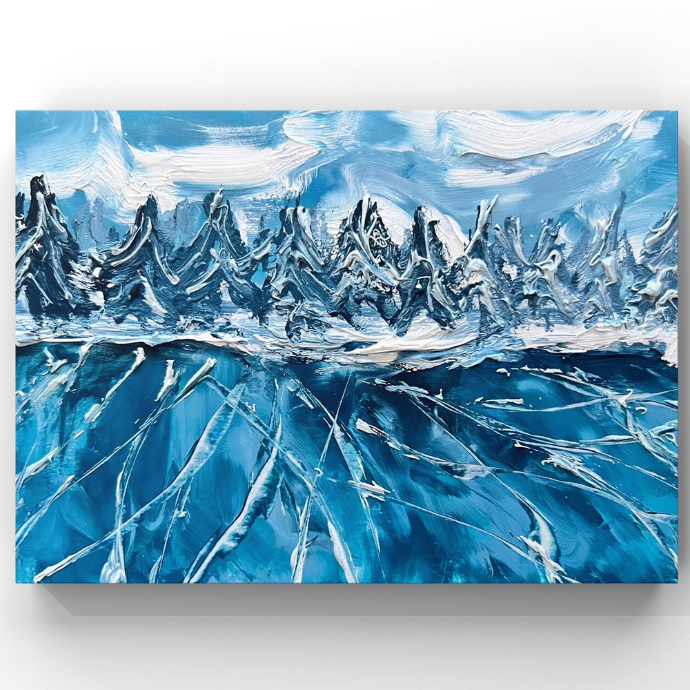 Blue Icy Lake View Oil Painting Winter Landscape Lake Coastline Skating Pond Art