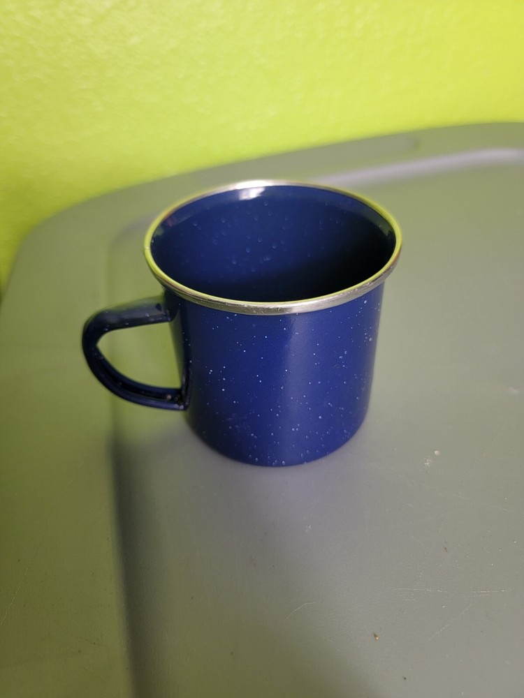 Blue Speckled Enamel Camping Cup Mug Silver Rim. Dishwasher Safe.