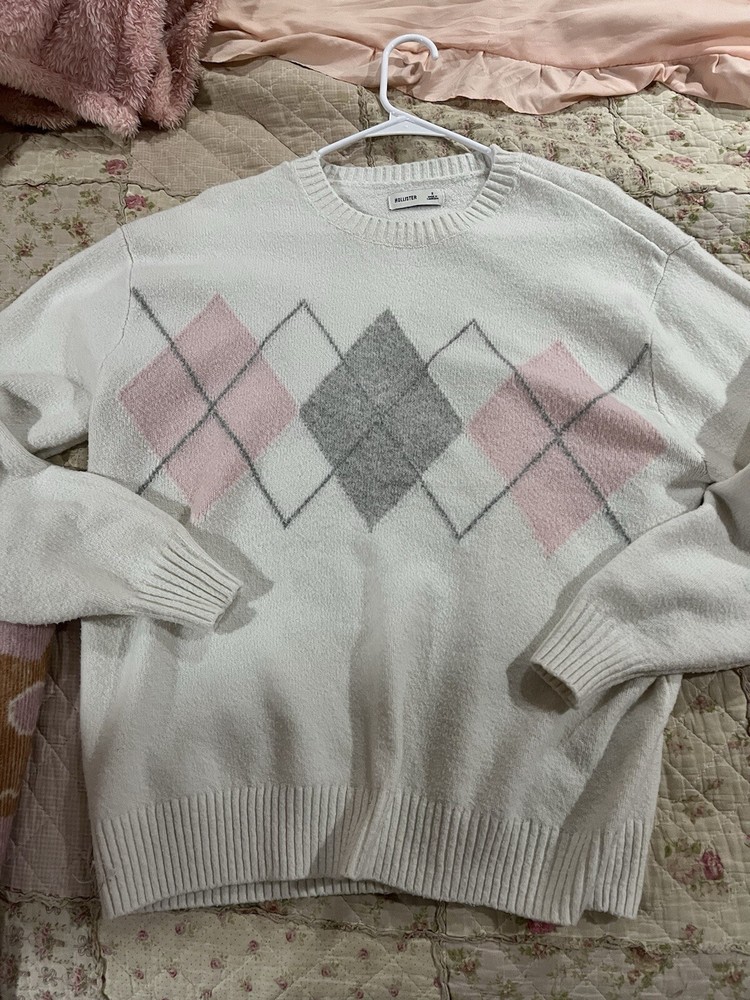 White And Pink Hollister Argyle Sweater S