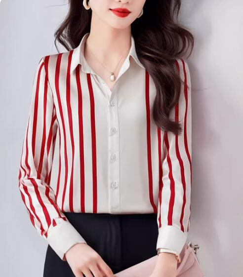 Women's French Retro Lapel Silk Stripe Color Matching Long Sleeve Shirt Loose