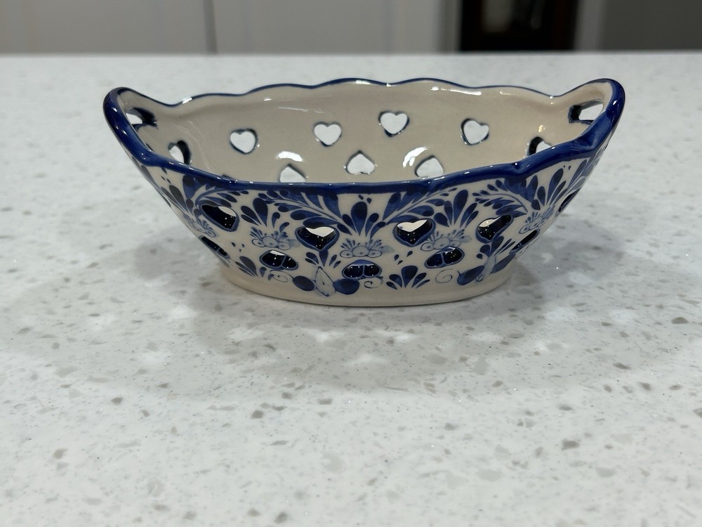 Delft Blue Holland Dish Trinket Box Blue White Heart Windmill Porcelain Vintage