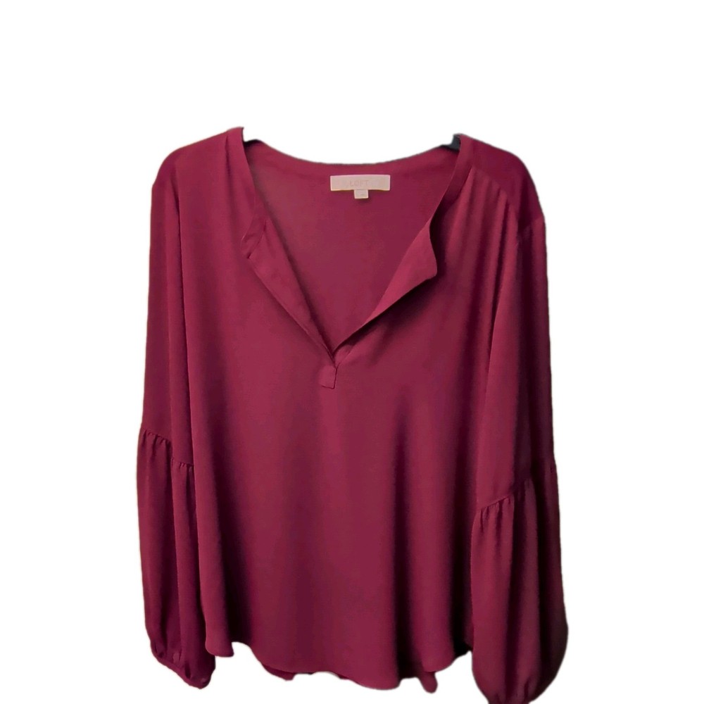 LOFT Women's L Burgundy Solid V-Neck Balloon Long Sleeve Chiffon Blouse