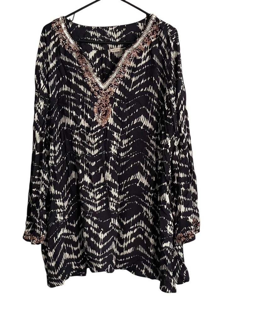 Soft Surroundings 3X Tunic Top Sequin Boho Akira Printed V-Neck Beaded Glam