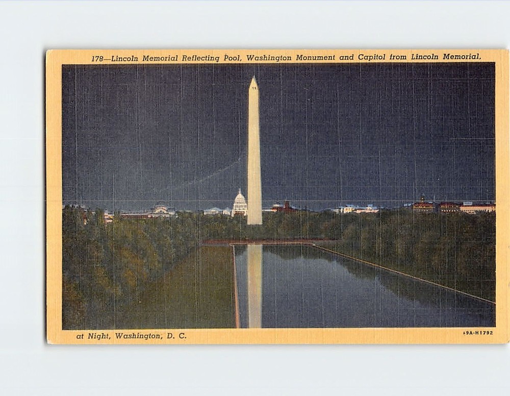 Postcard Lincoln Memorial Reflecting Pool Washington Monument & Capitol Night DC
