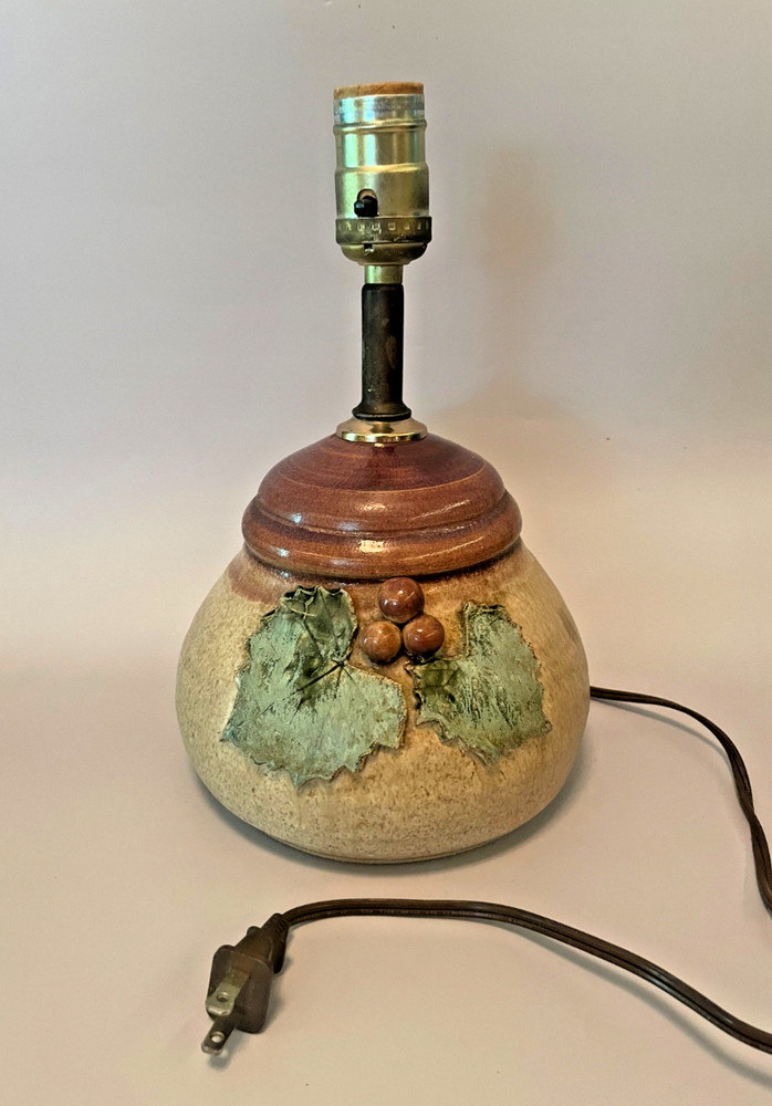 Small Vintage Stoneware Pottery Table Lamp Signed-Leaf Motif-Cabin, Kitchen