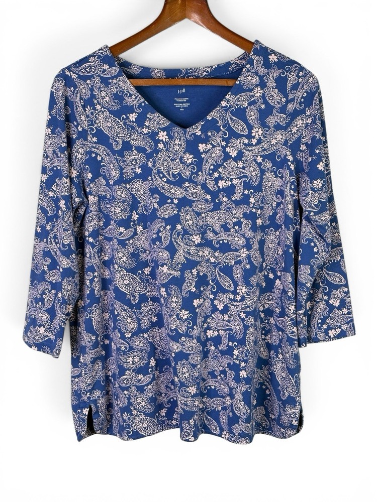 J Jill Blue Amalfi Paisley Pima Cotton V-Neck 3/4 Sleeve Top L Tall