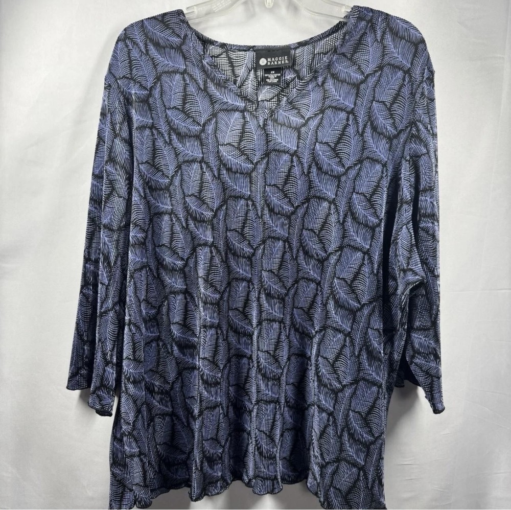 Maggie Barnes Shirt Womens 2X Black Blue Leaf Print Crinkle Tunic Top Blouse
