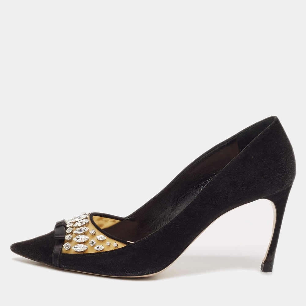 Miu Miu Black Suede and PVC Crystal Embellished Pointed Toe Pumps Size 38.5