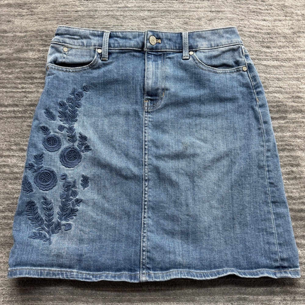 Talbots Jean Skirt Size 4P Womens Floral Embroidered Stretch Blue Denim