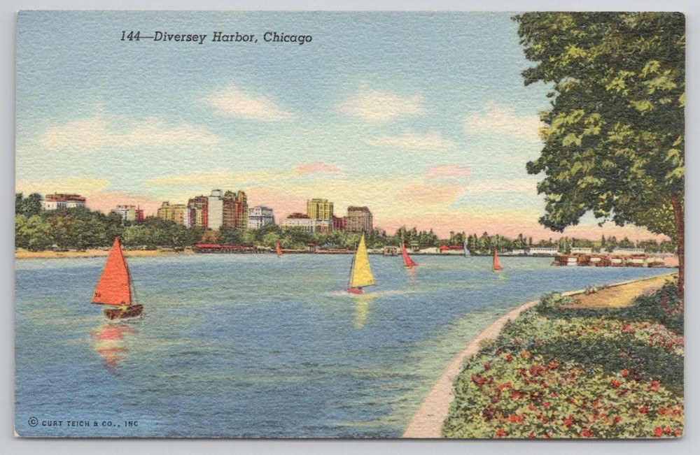 Diversey Harbor Chicago IL Sailboats Lake Shore Drive Linen Postcard 1941