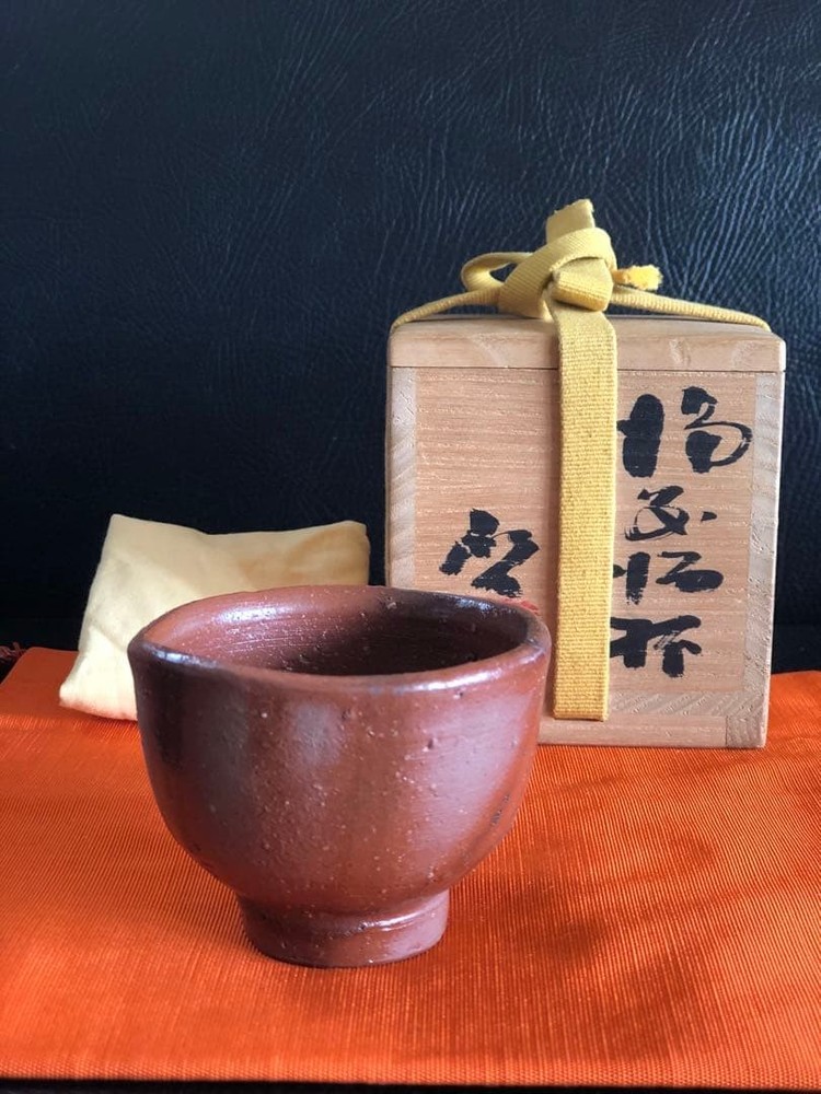 Sake Cup Bizen ware Keisaku Fujiwara bo same fabric included