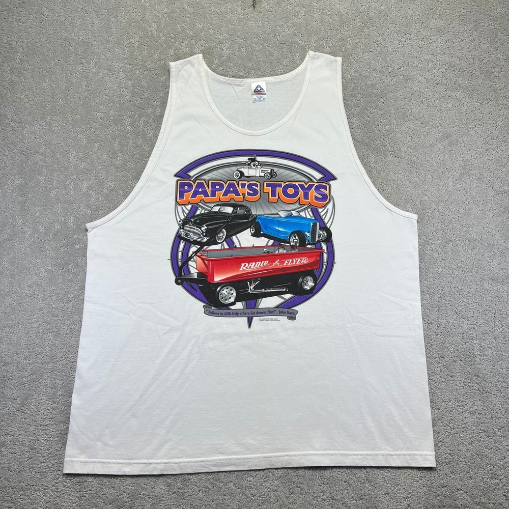 VINTAGE Papa's Toys Tank Top 3XL White Radio Flyer Hot Rod Classic Cars Graphic