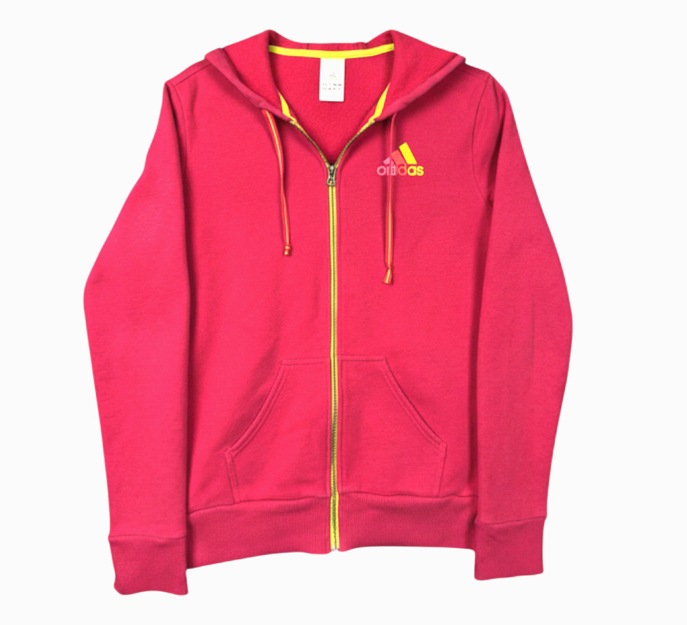 ADIDAS Hot Pink Full Zip HOODIE SWEATSHIRT Neon Yellow Trim TRI-COLOR LOGO sz L