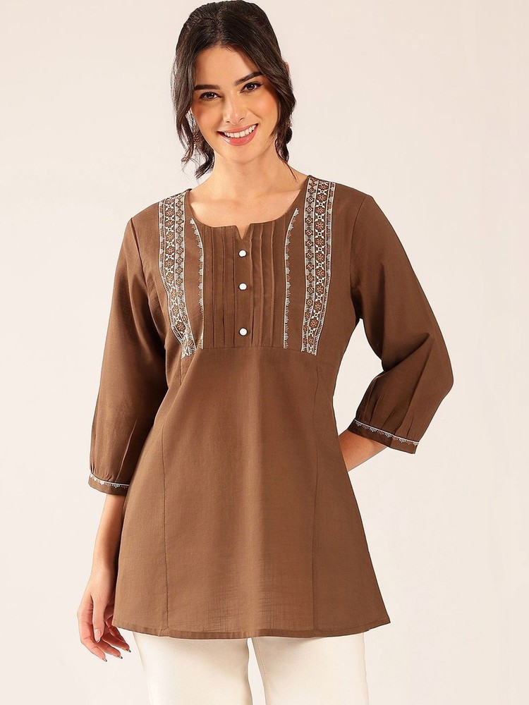 Indian Women Brown Cotton Embellished Embroidered Ethnic Kurta Kurti Top Tunic