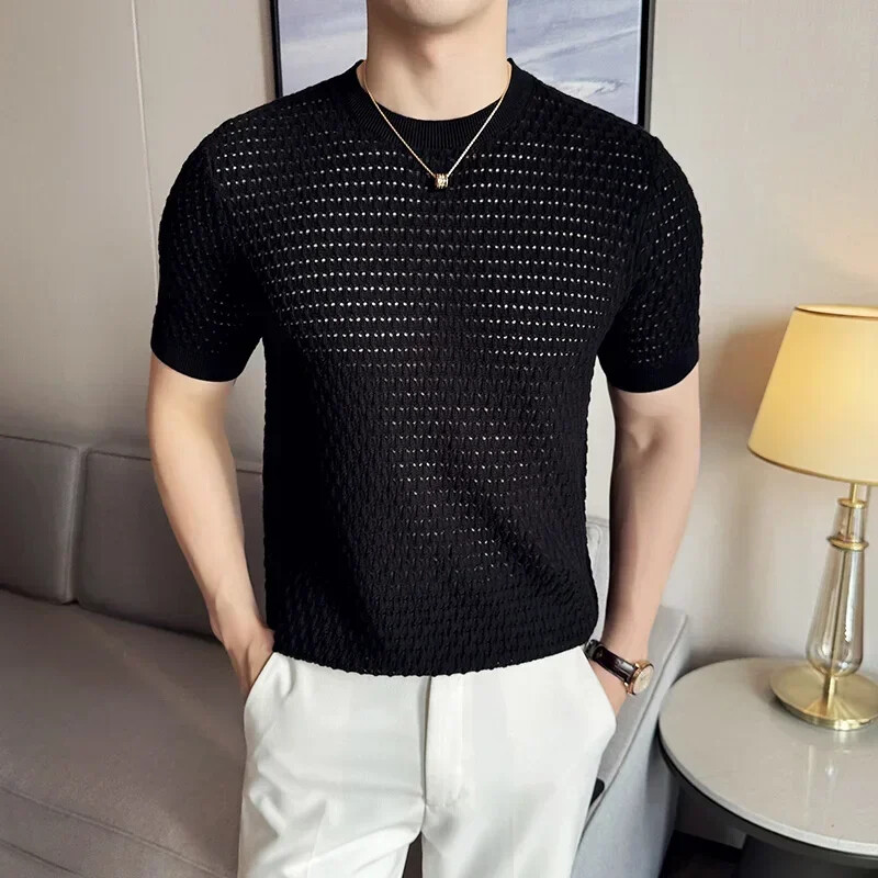 Men T-shirt Summer Ice Silk Knitted Hollow Out Round Neck Short Sleeve T-shirt