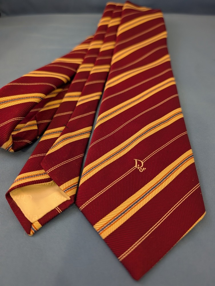 VINTAGE Christian DIOR Men's Necktie Brown Striped Silk Blend Logo Designer 56