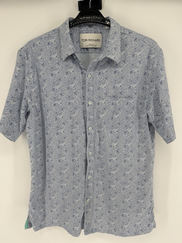 Tori Richard Hawaiian Palms Shirt Tradewind Tech Blue White Button Down Medium