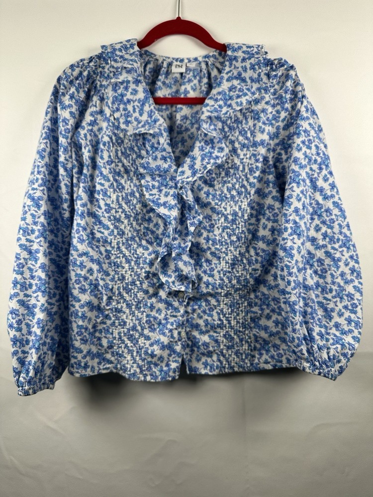 Womens Gap Blouse Blue Floral Long Sleeve Ruffle V Neck Size Large