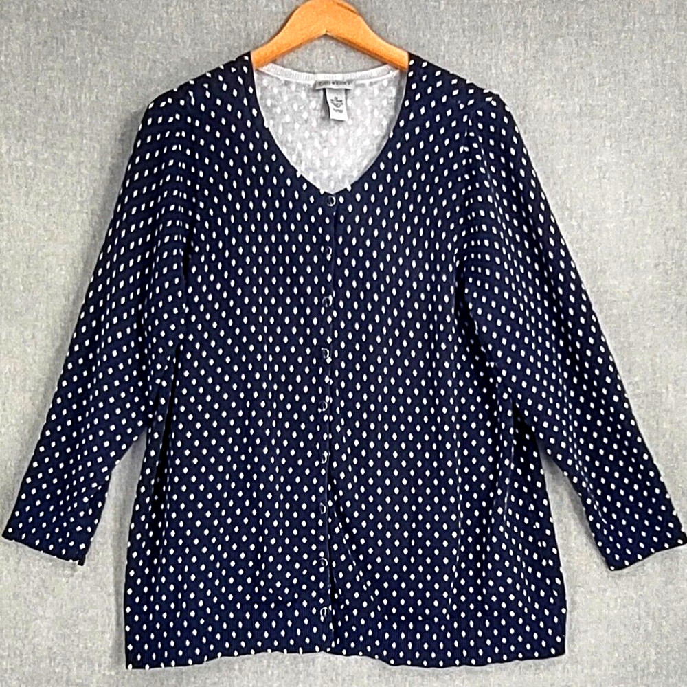 Catherines Cotton Knit  Polka Dot Sweater Plus 18/20 Navy Feminine Cardigan Snap