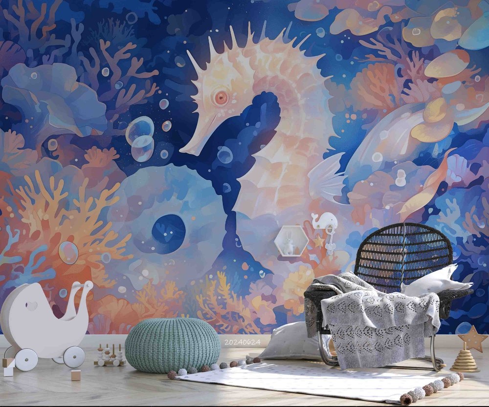 3D Seahorse Coral Illustration Wall Murals Wallpaper Murals Wall Sticker