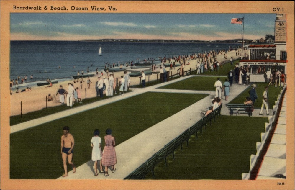 Beach Boardwalk Ocean View Virginia flag boat ~ 1930-40s linen postcard