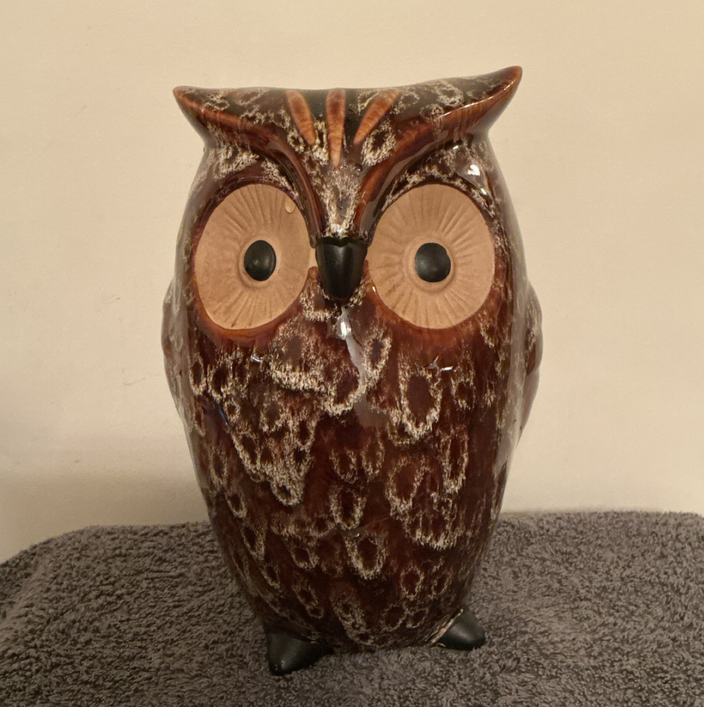 Brown Beige Black Ceramic Vase Owl Animal Theme Glossy Finish Decorative
