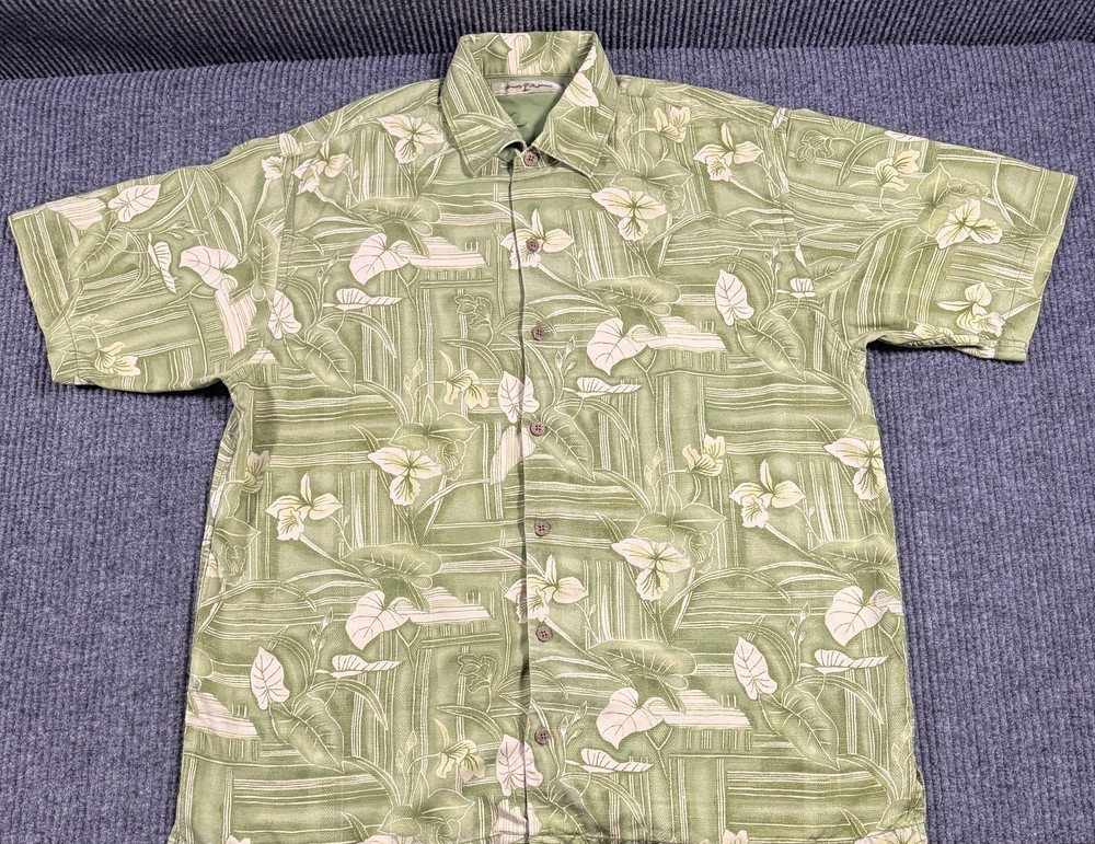 Tommy Bahama Shirt Mens Large Tropical Silk Floral Short Sleeve Button Up Green
