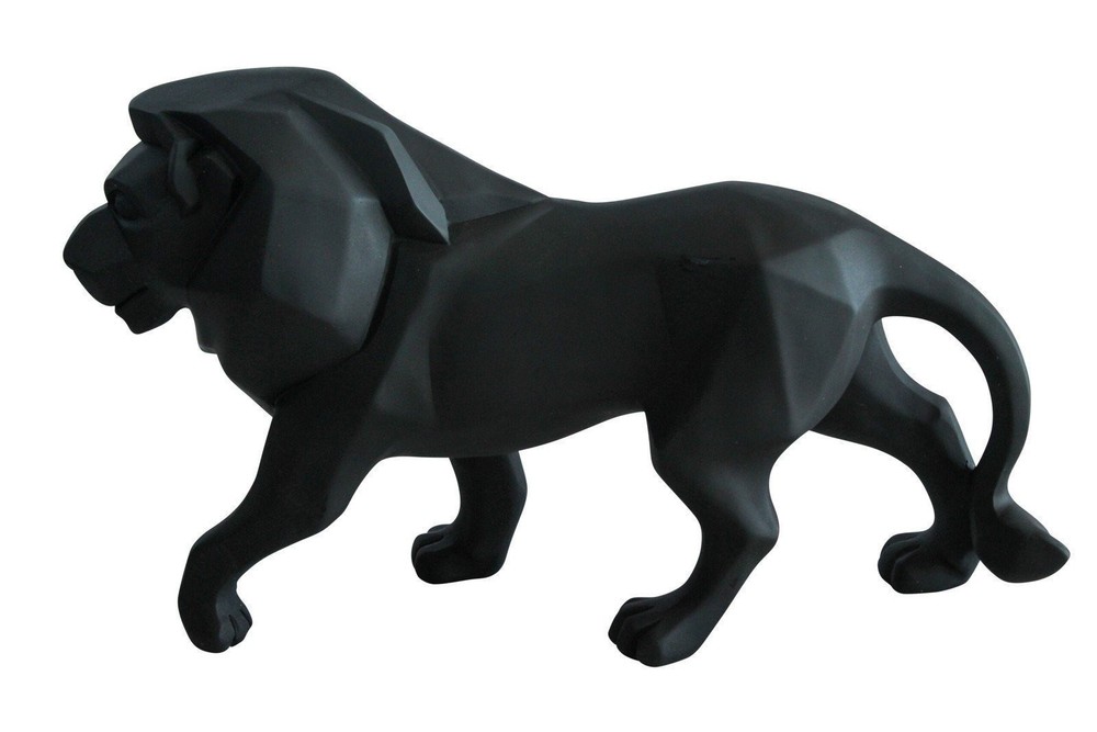 Black Resin Geometric Lion Sculpture in Modern Walking Pose   17