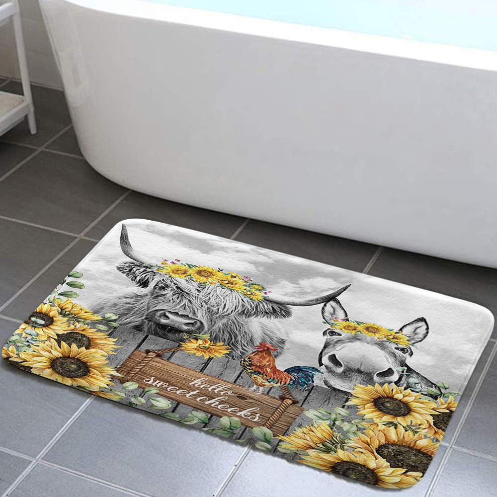 Funny Highland Cow Donkey Bathroom Rug for Farmhouse Western Animal Decor