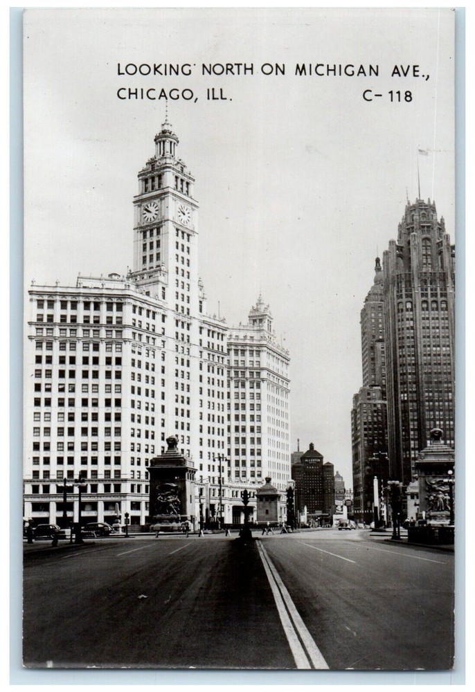 Chicago IL, Looking North Michigan Avenue Cars Tower Clock RPPC Photo Postcard