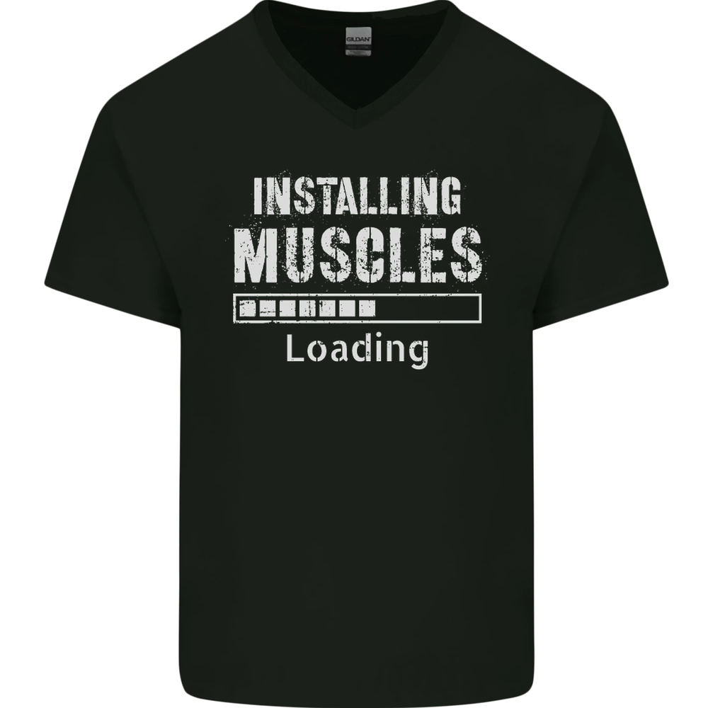 Installing Muscles Loading Gym Training Top Mens V-Neck Cotton T-Shirt