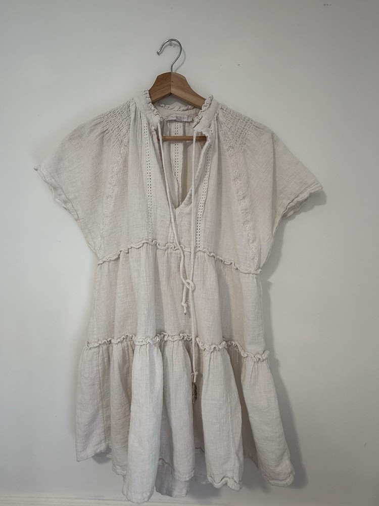 ✿ Olivaceous Cream Boho Tiered Cotton Tunic Dress Short Sleeve Women Size S