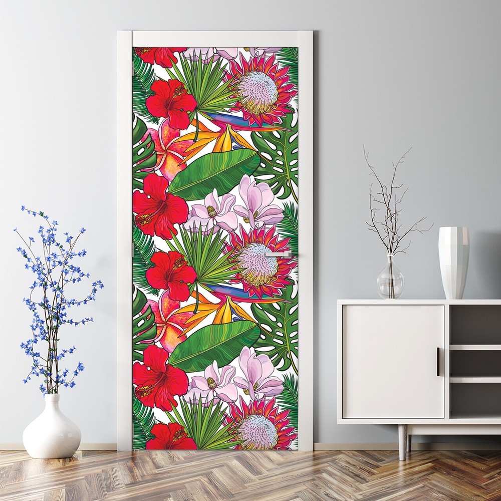 Adhesive Door sticker Colourful Exotic Monstera  Flowers Tropical Floral Leaves