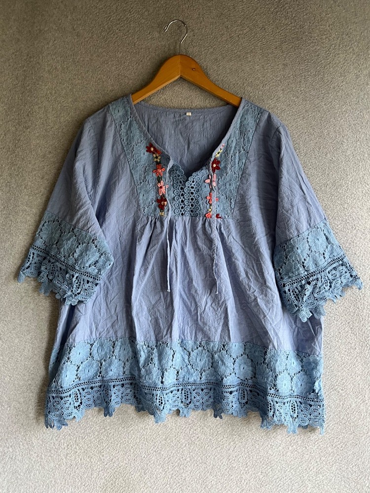Artisan Blouse Womens 4XL Blue Floral Embroidery Lace Trim Boho Peasant Hippie