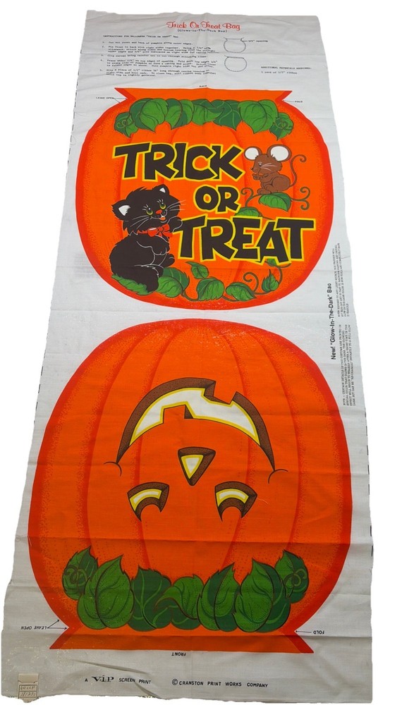 Vtg Halloween Trick Or Treat Bag Pattern Cranston Print Works Glow In The Dark