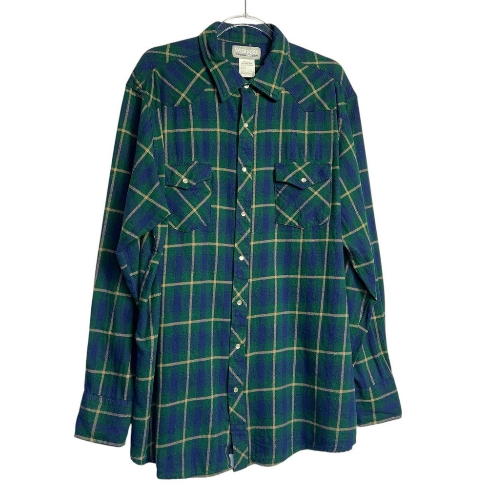 Wrangler Wrancher Green Plaid Pearl Snap Shirt 2XT Western Classic Tall Cotton