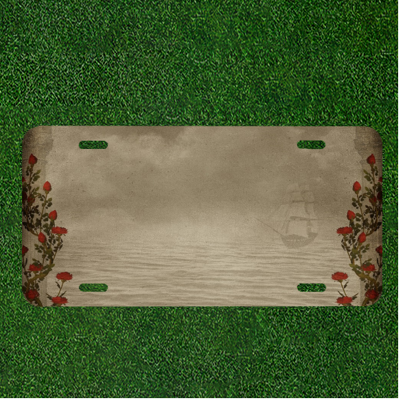 Custom Personalized License Plate Tag With Stunning Flowers With Pirate Ship