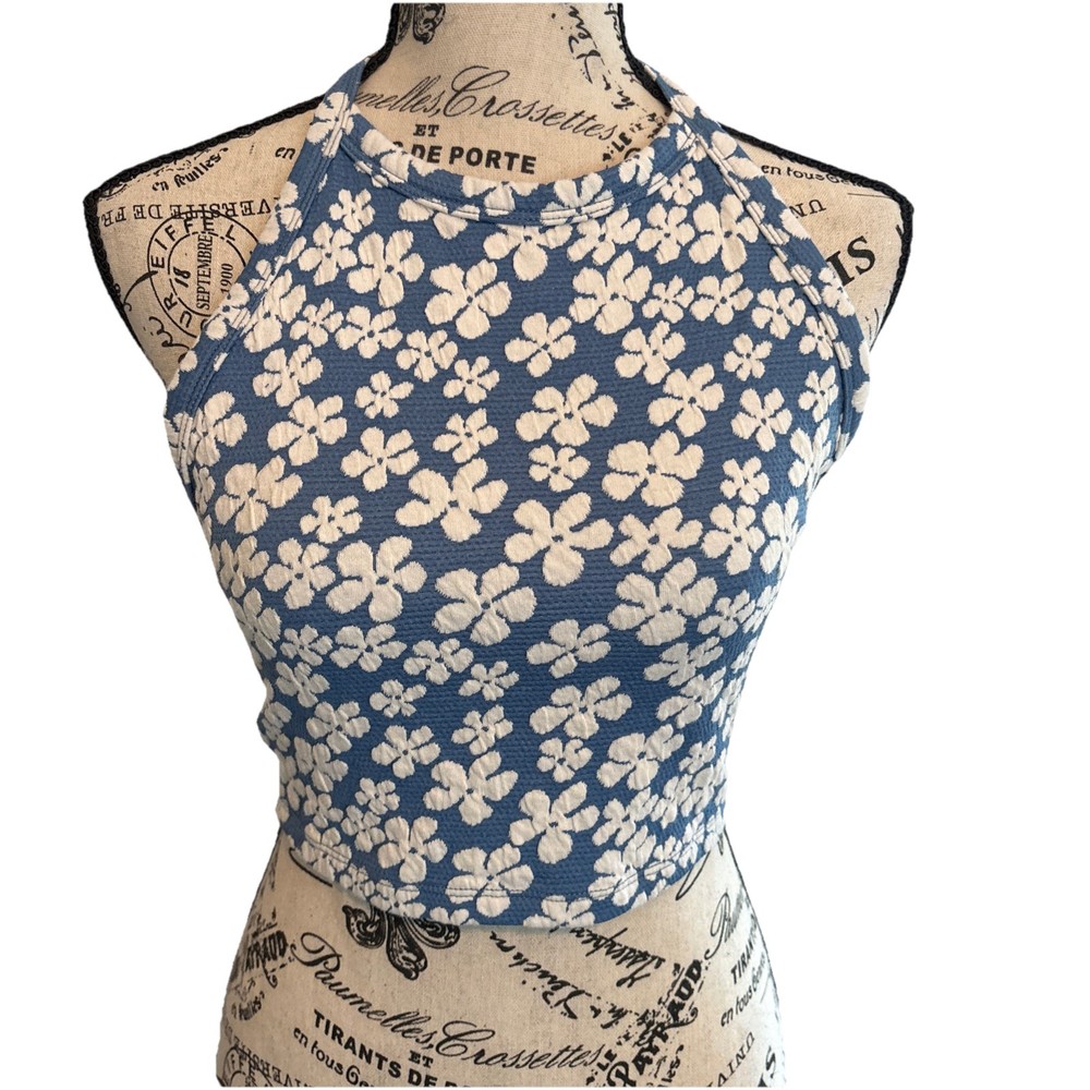 American Eagle Womens Medium Floral Halter Crop Top Blue Boho Summer Stretch