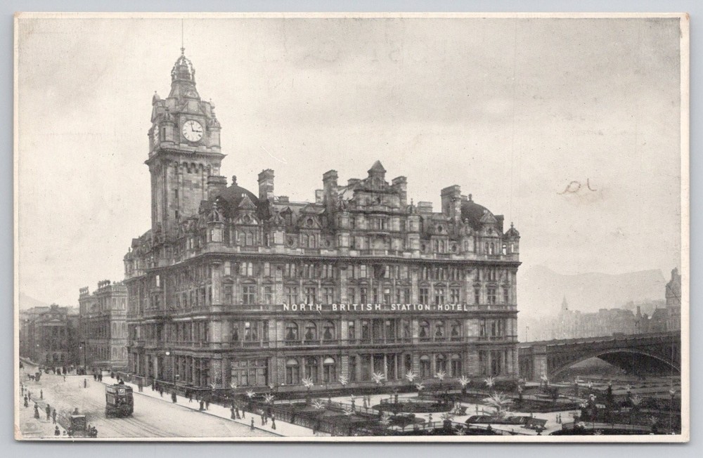 Edinburgh North British Station Hotel Tram Clock Tower Scotland Postcard
