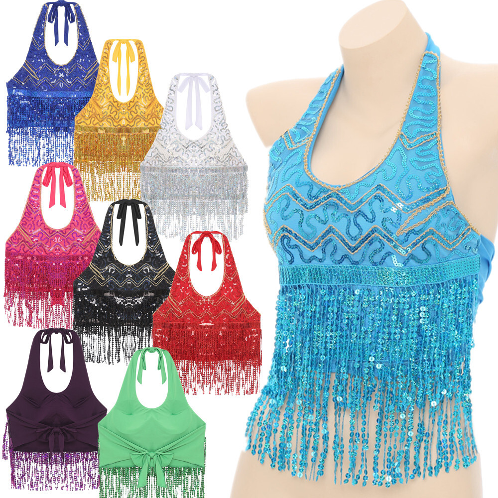 US~ Women's Latin Belly Dance Bra Top Shiny Sequin Backless Crop Top Costume