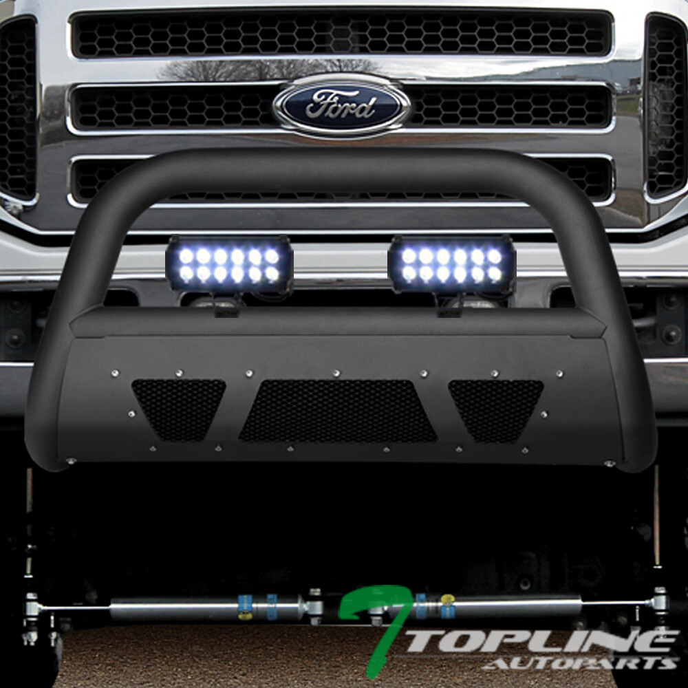 Topline For 05-07 Ford F250/F350 Matte Blk Studded Mesh Bull Guard+36W LED Bars