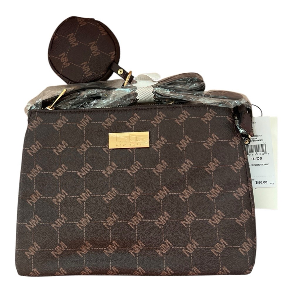 Nicole Miller Brown Logo Gold Hardware Shoulder Crossbody Bag Purse W/ Pouch NWT