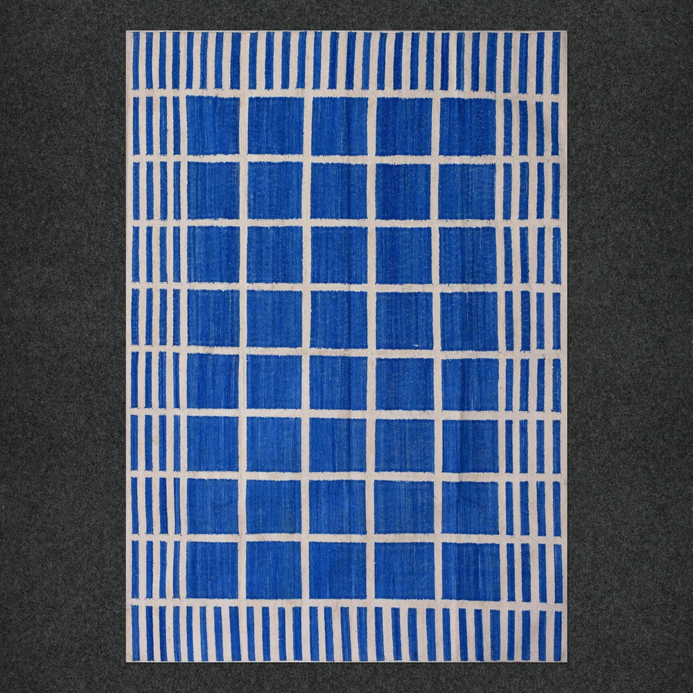 Handwoven Cotton Dhurrie Kilim Rug Color Blue and White Design Carpet Rug