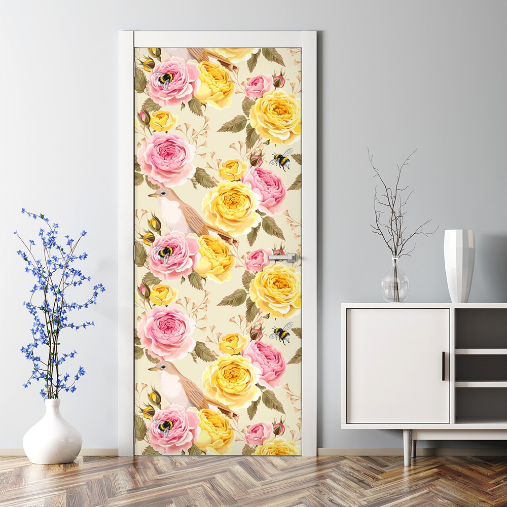 English Roses Birds Bubble-Free Reusable Door Sticker Yellow Pink Decal  