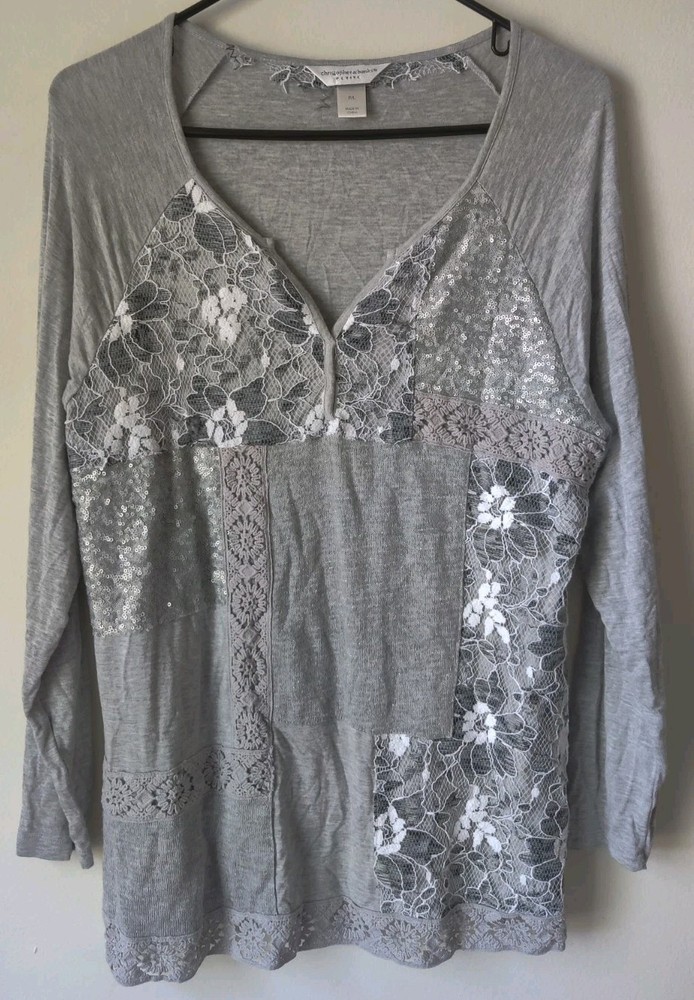 Christopher & Banks Women's Petite Gray Patches Long Sleeve Shirt V-Neck Size PL