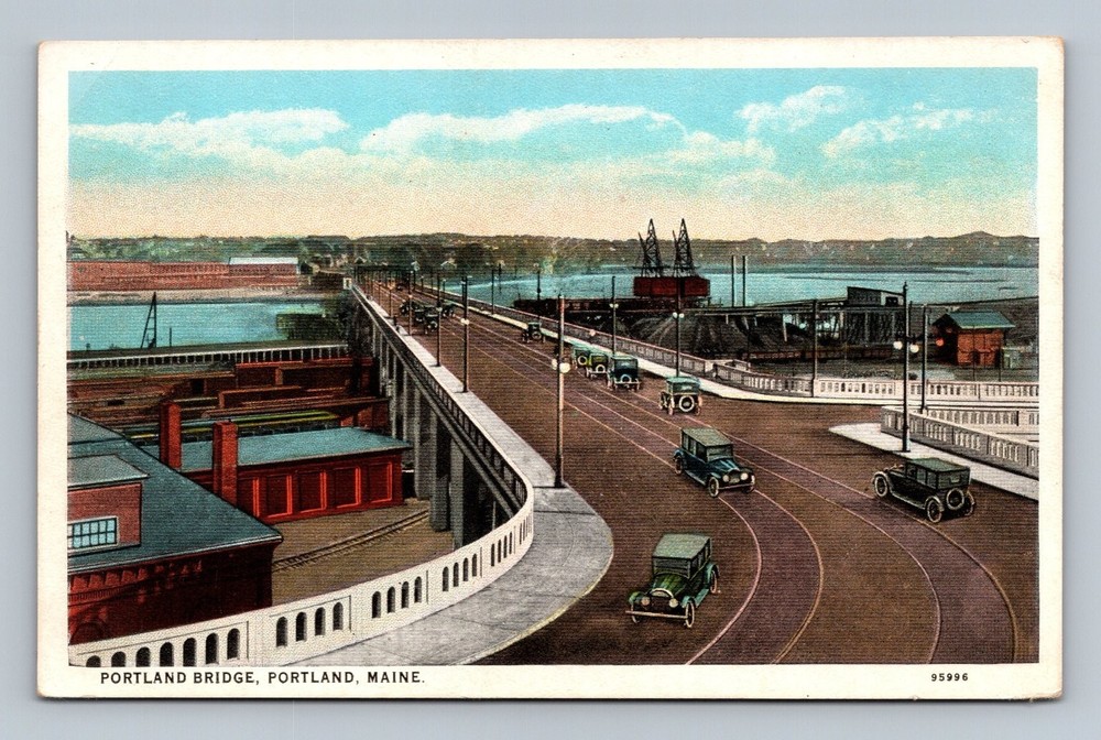 Vintage Portland Bridge Maine Linen Postcard Early 1900s Cars